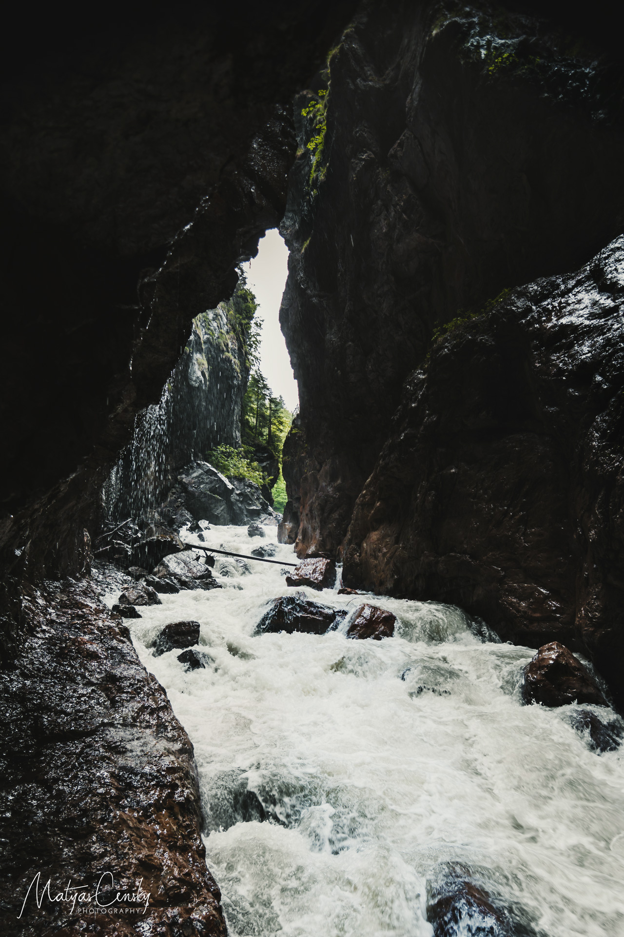 Photo of a wild river in a canyon, taken from the canyon right next to the white waters in Partnachklamm, Austria.