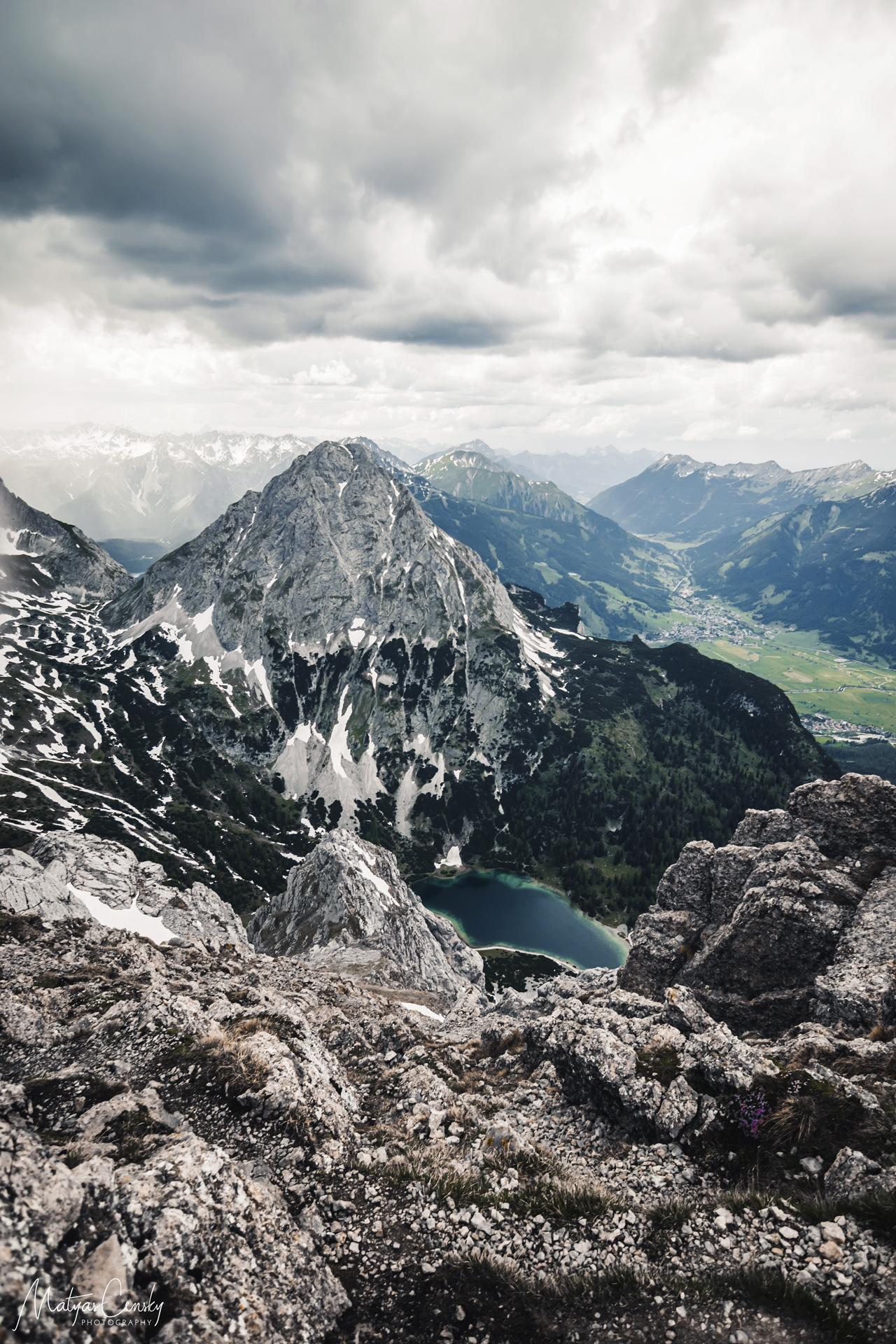 Photo o Seebensee and Ehrwalder Sonnenspitze taken from top of Tajakante Klettersteig in Austria.