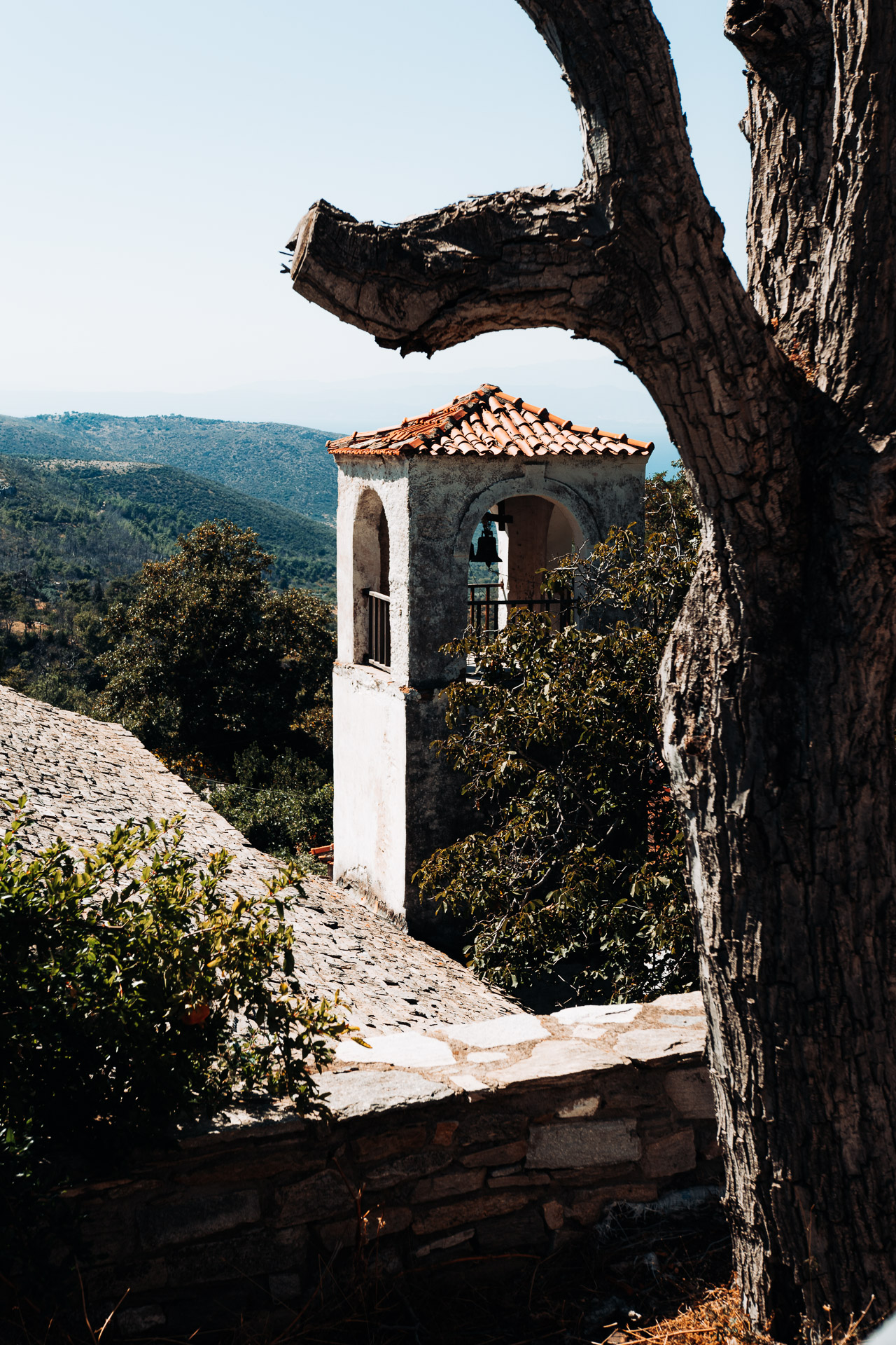 Photo of a church tower with a bell above an olive valley in Greece.