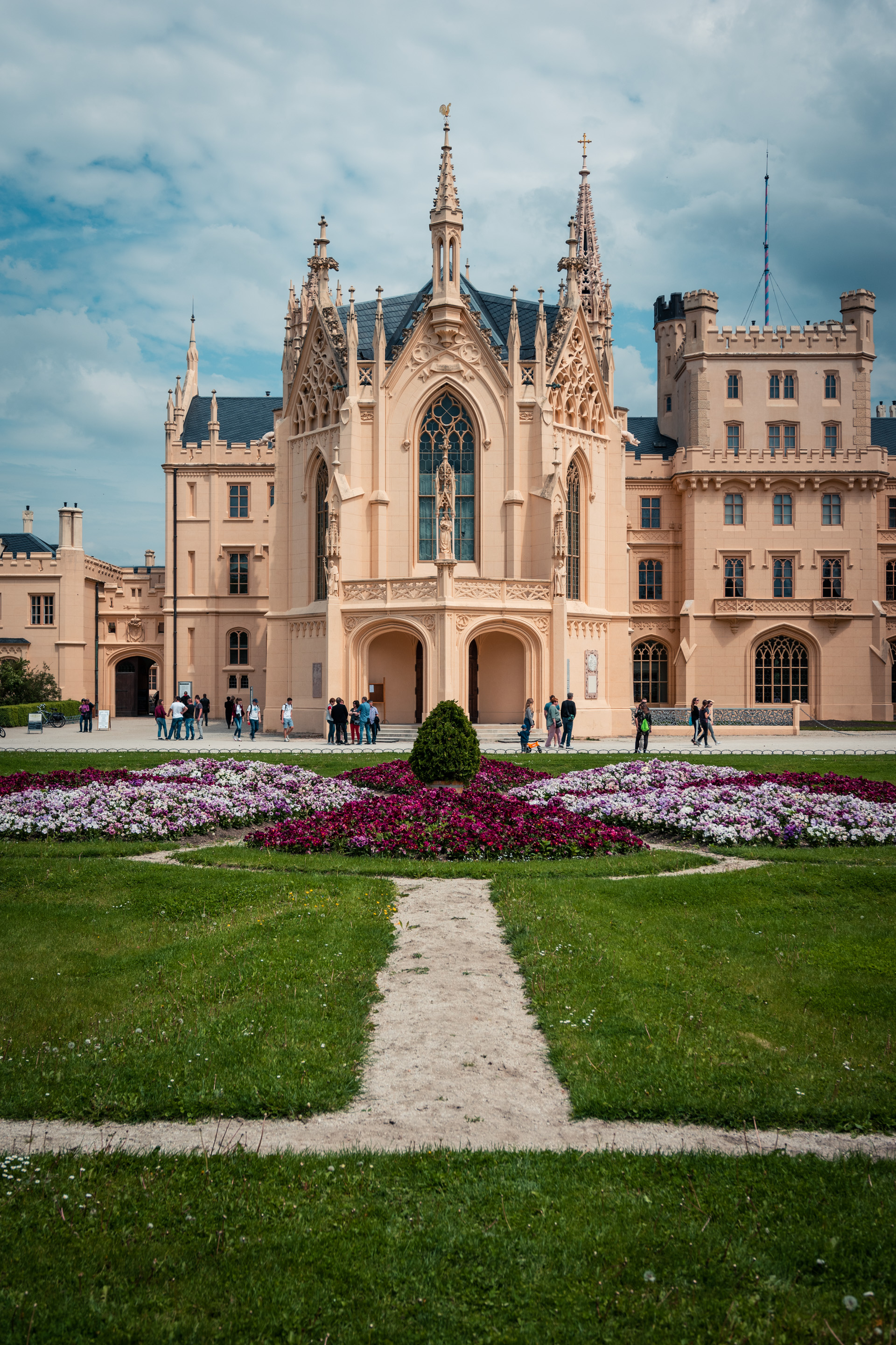 Photo of a flower garden in front of Lednice Castle in Moravia.