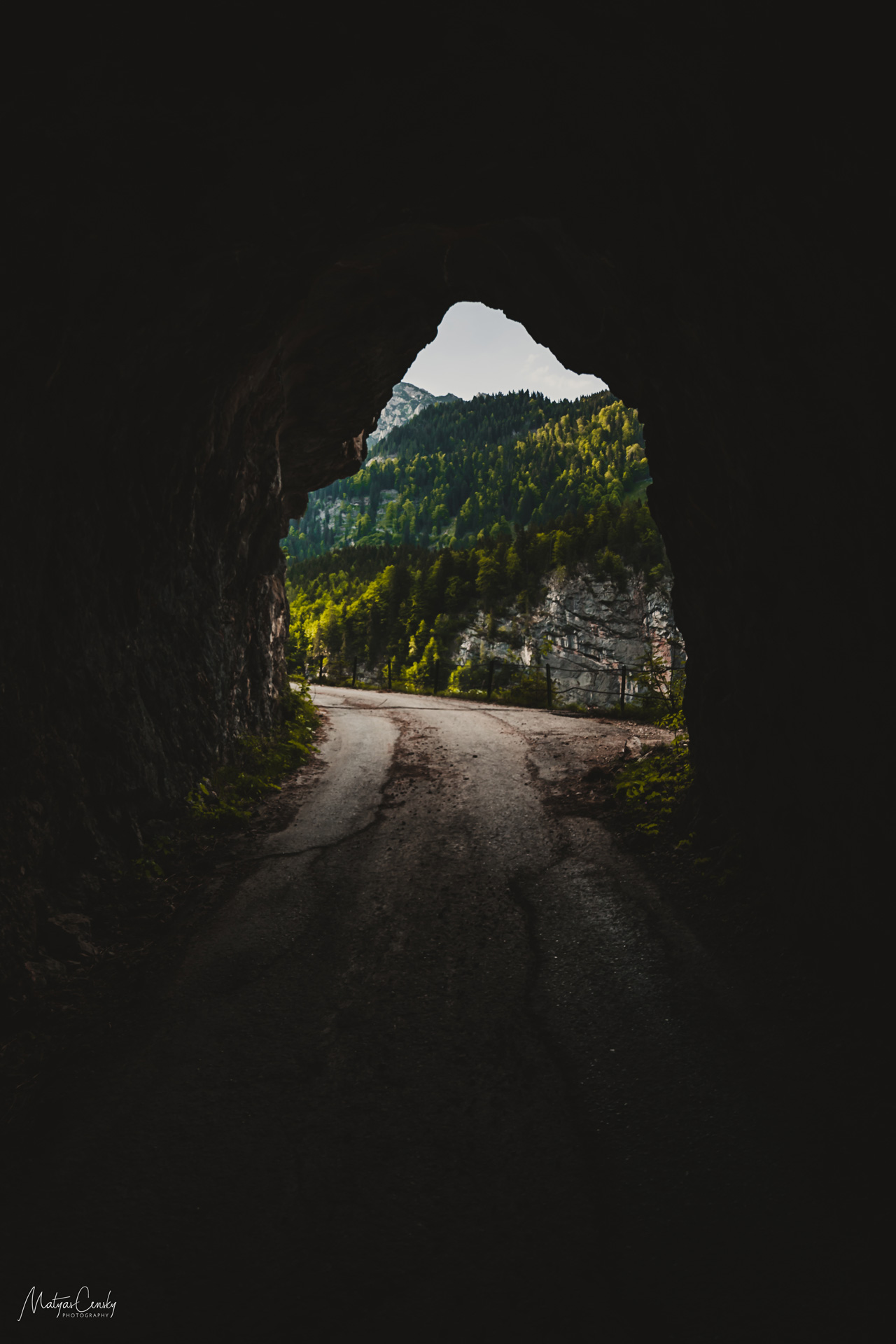 Photo of a tunnel with a road leading into a forrest mountains, Austria.
