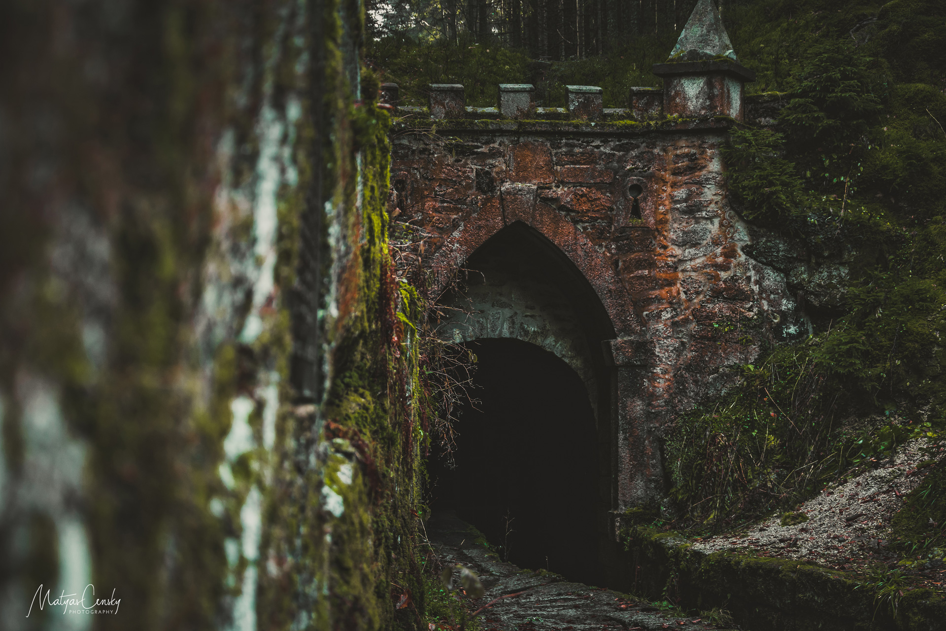 Photo of an medieval entrance into a tunnel in the middle of the forrest in Sumava, Czech Republic.