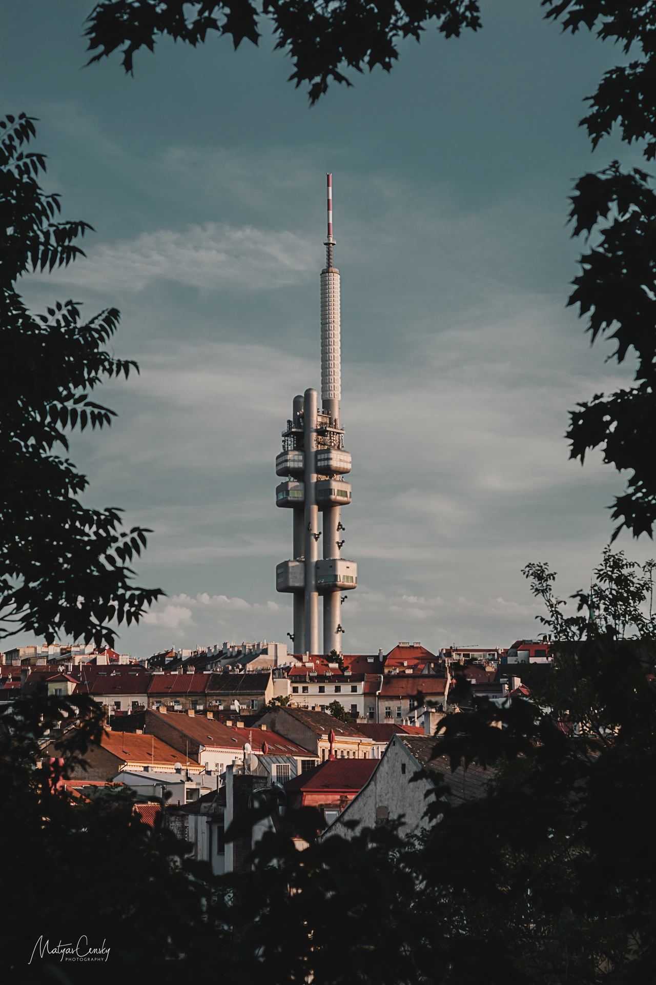 Photo of Zizkovska Tower in Prague taken from park during a bright and sunny day.